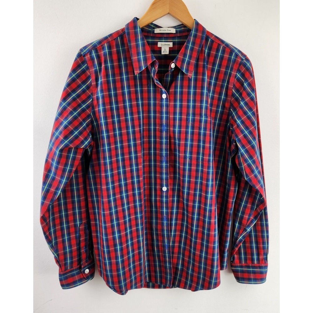 LL Bean Button Down Shirt Womens L Red Blue Plaid Wrinkle Free Cotton 503436